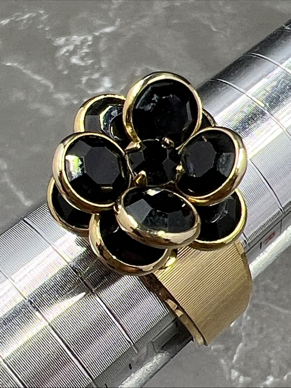 Vintage 18K Gold Filled Faceted Black Glass Floral Ring